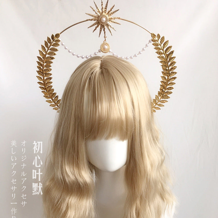 Lolita Virgin Mary Halo Headband Wheat Cross Feather Church Pope Gold Hair Accessory Catwalk Photo Prop