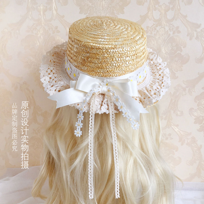 Lolita Handmade Original Elegant Straw Hat with Daisy Lace Bow in natural color, perfect for bridal sun or Lolita fashion style