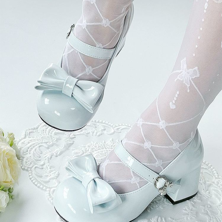 LolitaFetch Little Milk Puff original mid-heel lolita shoes with bow buckle, featuring a delicate headdress and elegant design