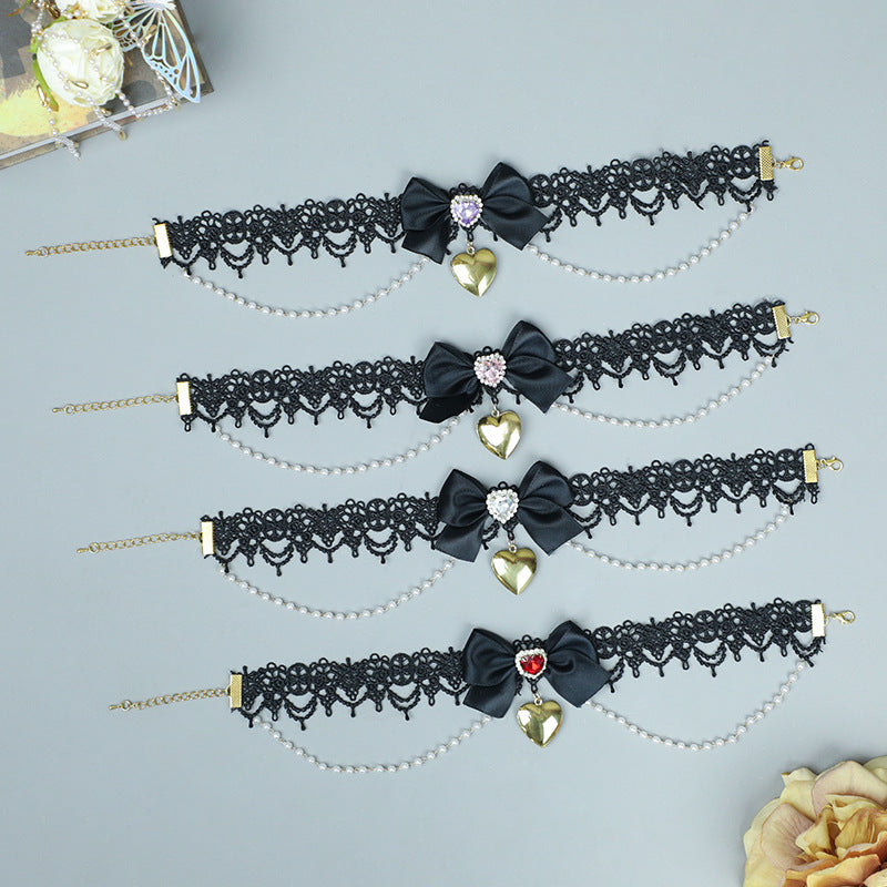 Cute Girl Costume Lace Choker Metal Heart Collarbone Chain Small Accessories Necklace Lolita Neckband - Lolita Fetch