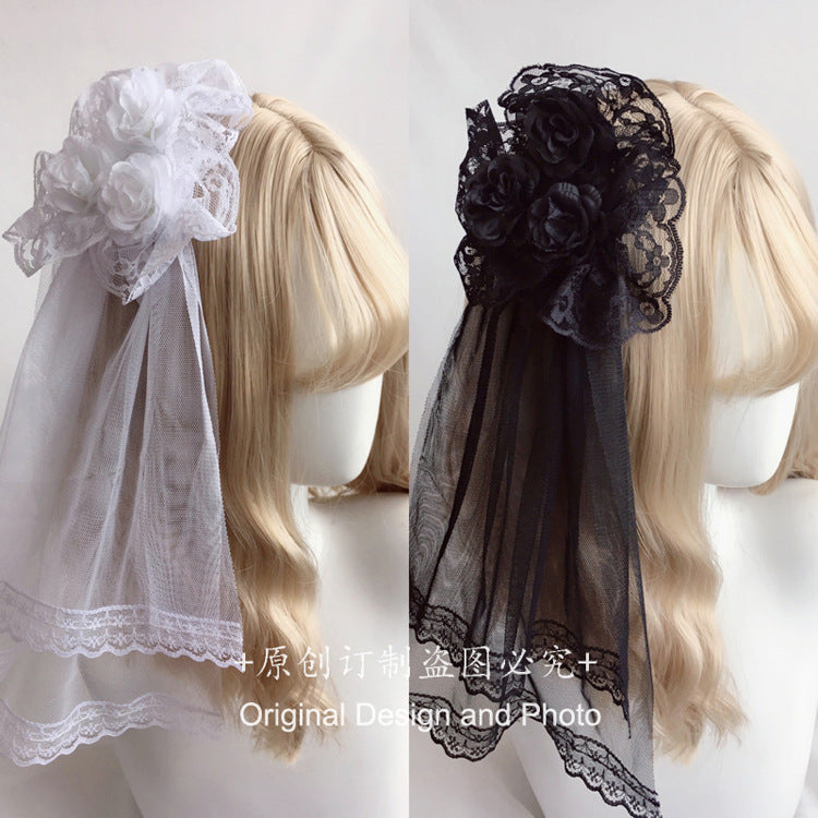 Japanese Lolita Hair Accessories Rose Hair Clip Lace Veil Side Clip Soft Girl Cute Lolita Bridal Veil