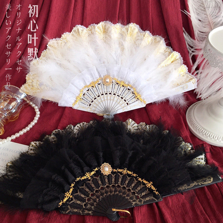 Lolita Retro Black White Lace Lolita Embossed Wedding Folding Fan Tea Party Feather Fan - Lolita Fetch