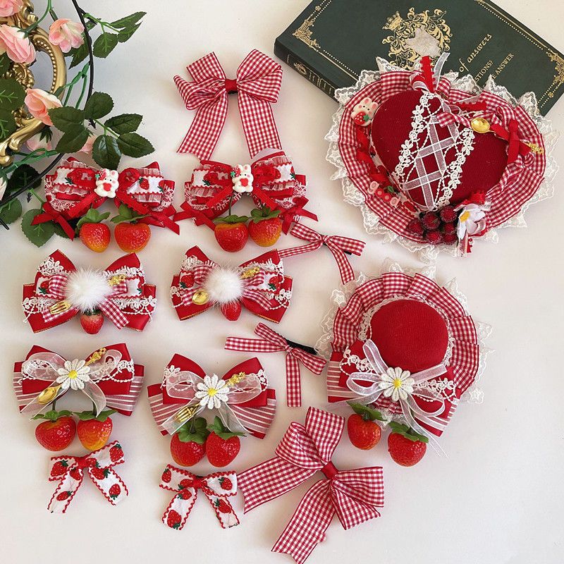 Ap Strawberry Picking Heart Hat Sweet Strawberry KC Hair Accessories Japanese Sweet Girl Lolita Bow Hair Accessories - Lolita Fetch