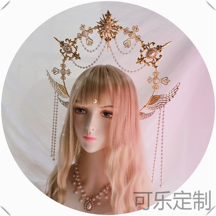 Handmade Virgin Mary halo angel headband with ornate hair crown, featuring intricate details and decorative accents for OP dress style.