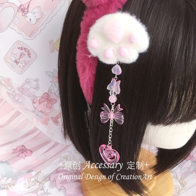 Handmade pink strawberry bear ears LolitaFetch KC headband with bowknot, cute and whimsical hair accessory for fashion or cosplay.