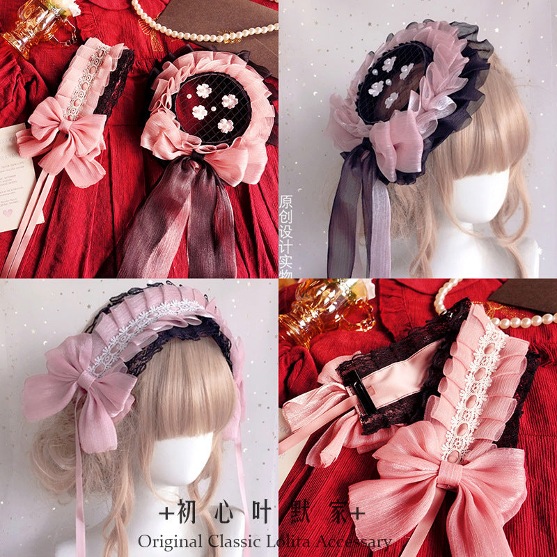 Lolita Headwear Black Pink Lolita Hair Accessories Black Sweet French Flat Hat Sweetheart House Kitty Handmade Small Items