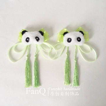 FanQ Handmade Mori Style Lolita Green Gauze Little Panda Bow Tassel Hair Clip Republic of China Style Girl National Style Hairpin