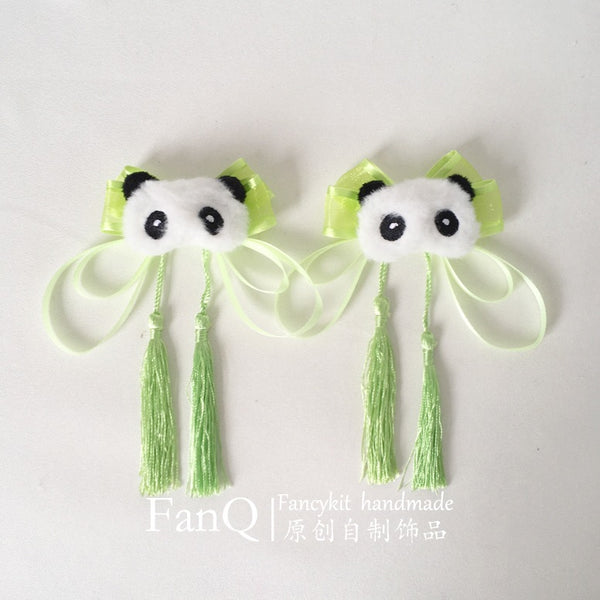 FanQ Handmade Mori Style Lolita Green Gauze Little Panda Bow Tassel Hair Accessory