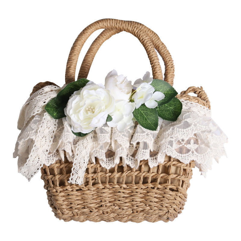 Handbag Paper Straw Woven Original Handmade Lace Flower Lolita Soft Girl Pastoral Style 2022 New Beach Bag