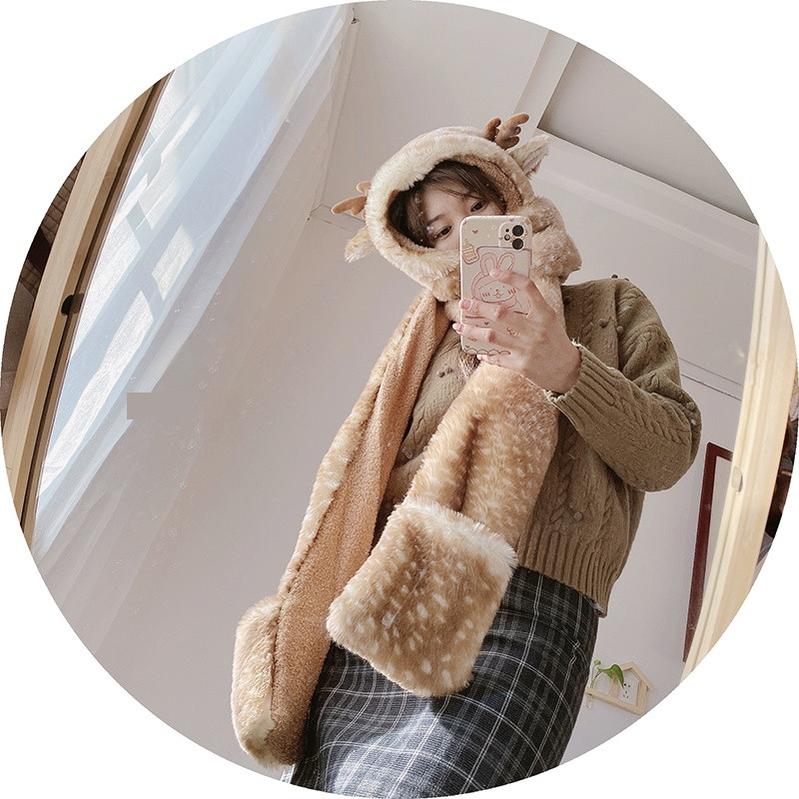 Xiaogui - Winter Kawaii Lolita Hat Antler - Plush 3-in-1 Set Headwear
