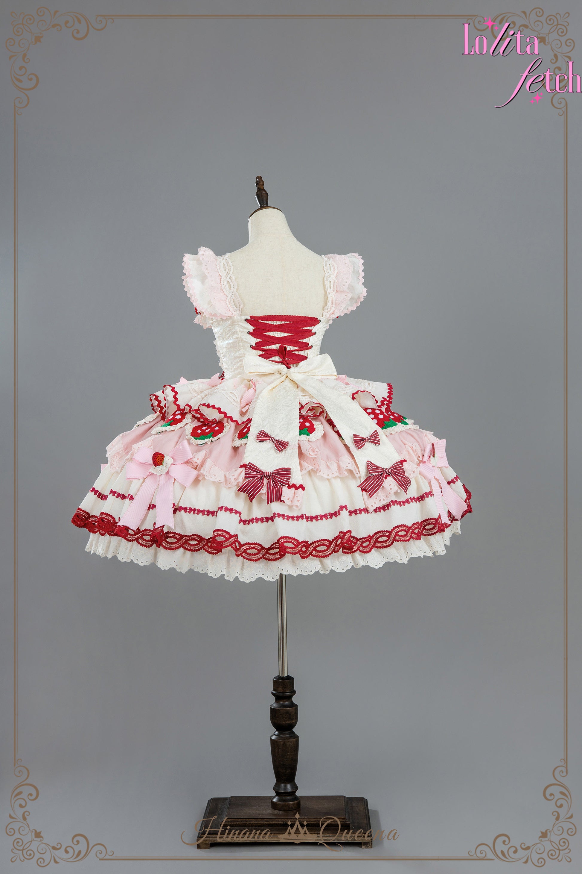Gorgeous Strawberry Party Lolita Dress JSK and OP by Lolita Fetch featuring vibrant strawberry print and elegant lace details.