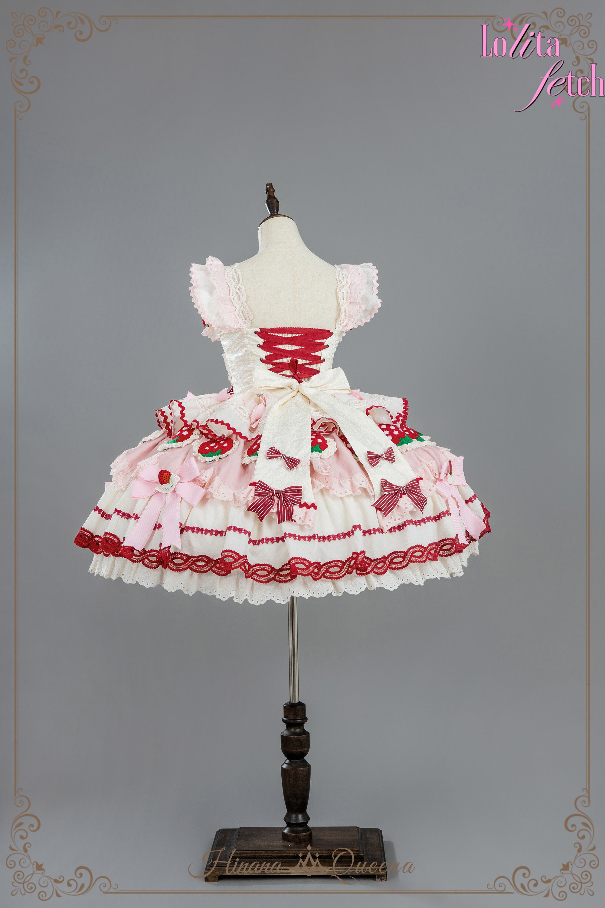 Gorgeous Strawberry Party Lolita Dress JSK and OP by Lolita Fetch featuring vibrant strawberry print and elegant lace details.