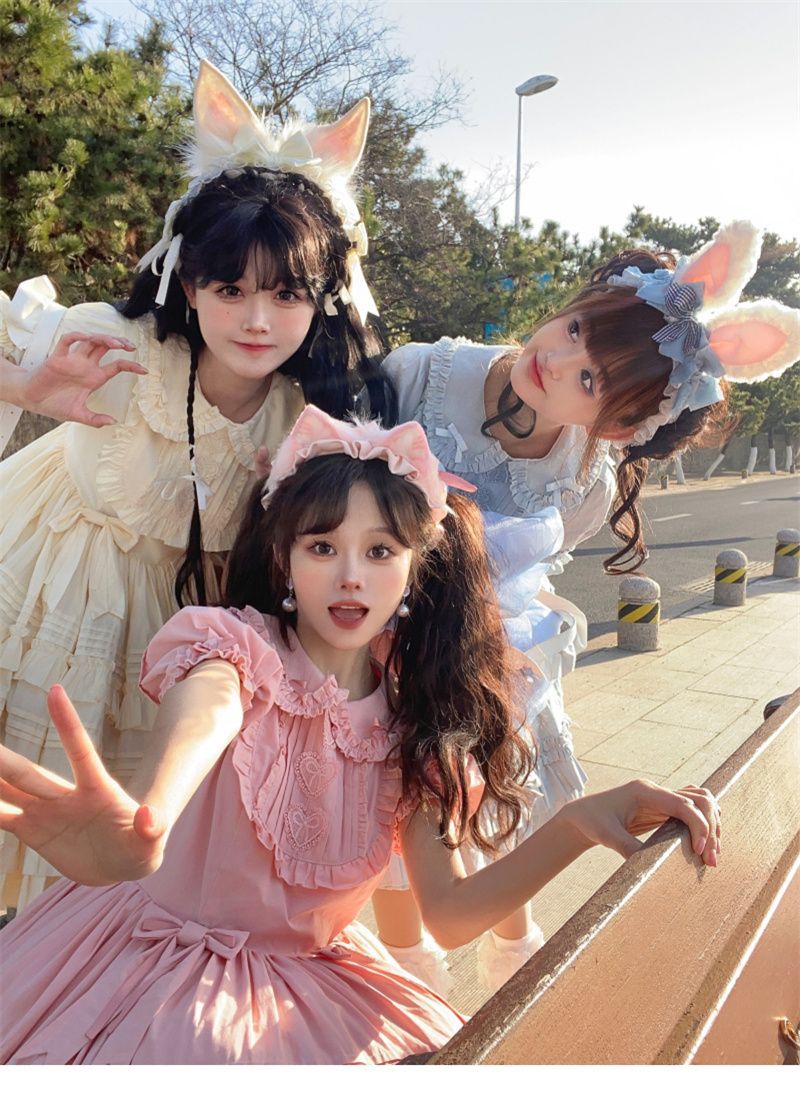 Original Handmade Light Blue Rabbit Ear Headband with Ruffled Edge Lolita Animal Ear Alice