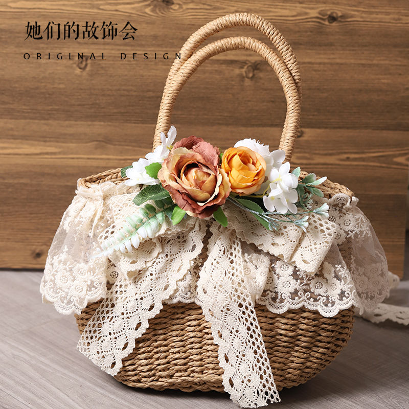 Original Handmade Straw Bag Lolita Lace Artificial Flower Beach Pastoral Soft Girl 2022 New Handbag Tote Bag