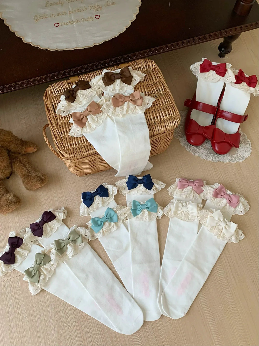 Roji Roji - Cotton Classic Lolita Calf Socks - Double Layer Trim & Bow Socks