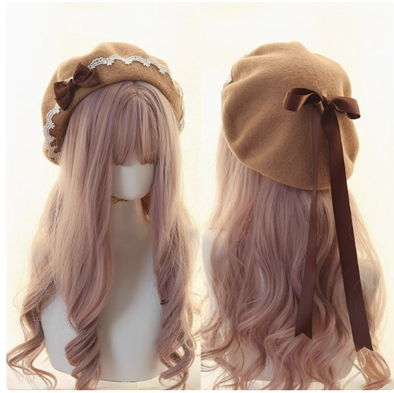 Xiaogui - Japanese Style Sweet Woolen Lolita Lace Beret coffee bow（coffee hat）