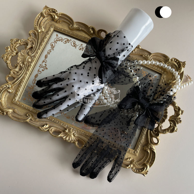 Black & White Two-tone Lace Polka Dot Gloves - Lolita Mesh Sleeves Cla