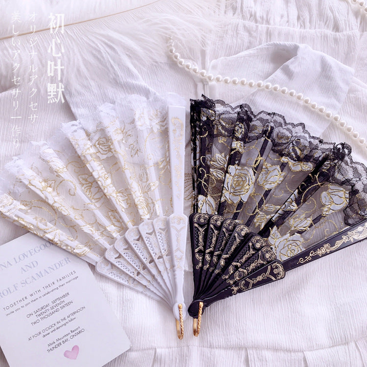 Gothic Style Lolita Lace Dress - Black Gold & White Gold Cross Rose Design with Folding Fan Photo Prop