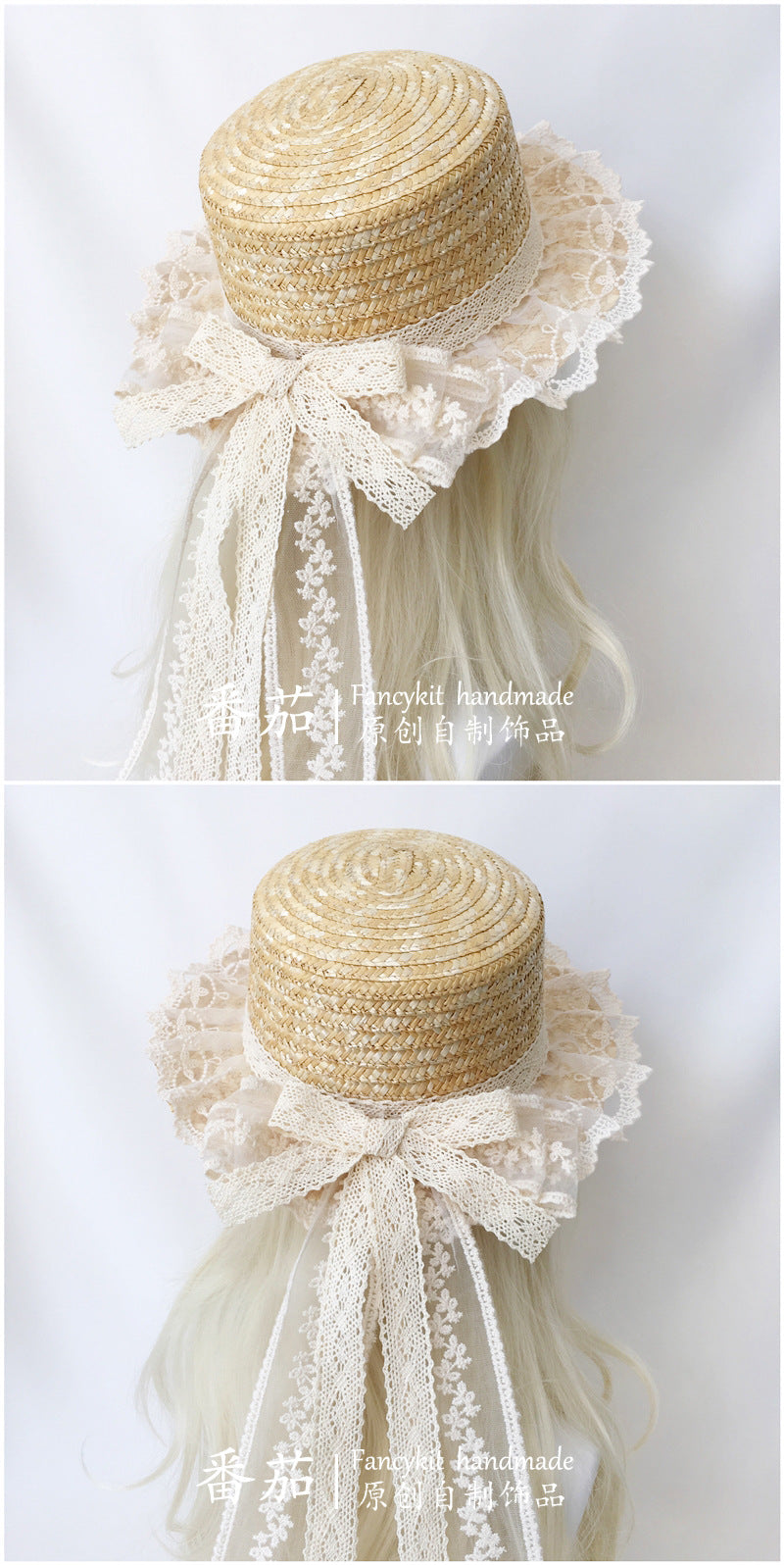 FanQ Handmade [Xuanxia] Mori Girl Style Bowknot Straw Hat Lolita Natural Color Lace Wide Brim Hat Summer Sunshade