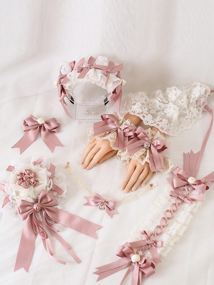 Xiaogui - Ivory & Pink Sweet Lolita Headdress - Bridal Lace Headwear Headwear