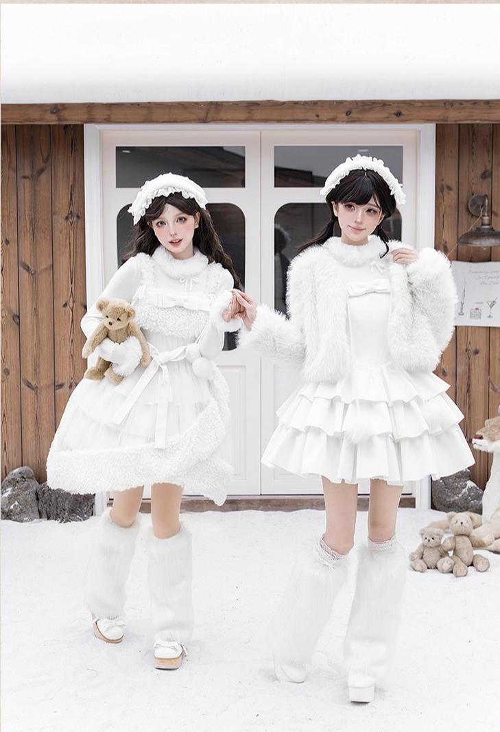 With PUJI - White Choco - Winter Kawaii Lolita JSK Dress Set, Fluffy Accents