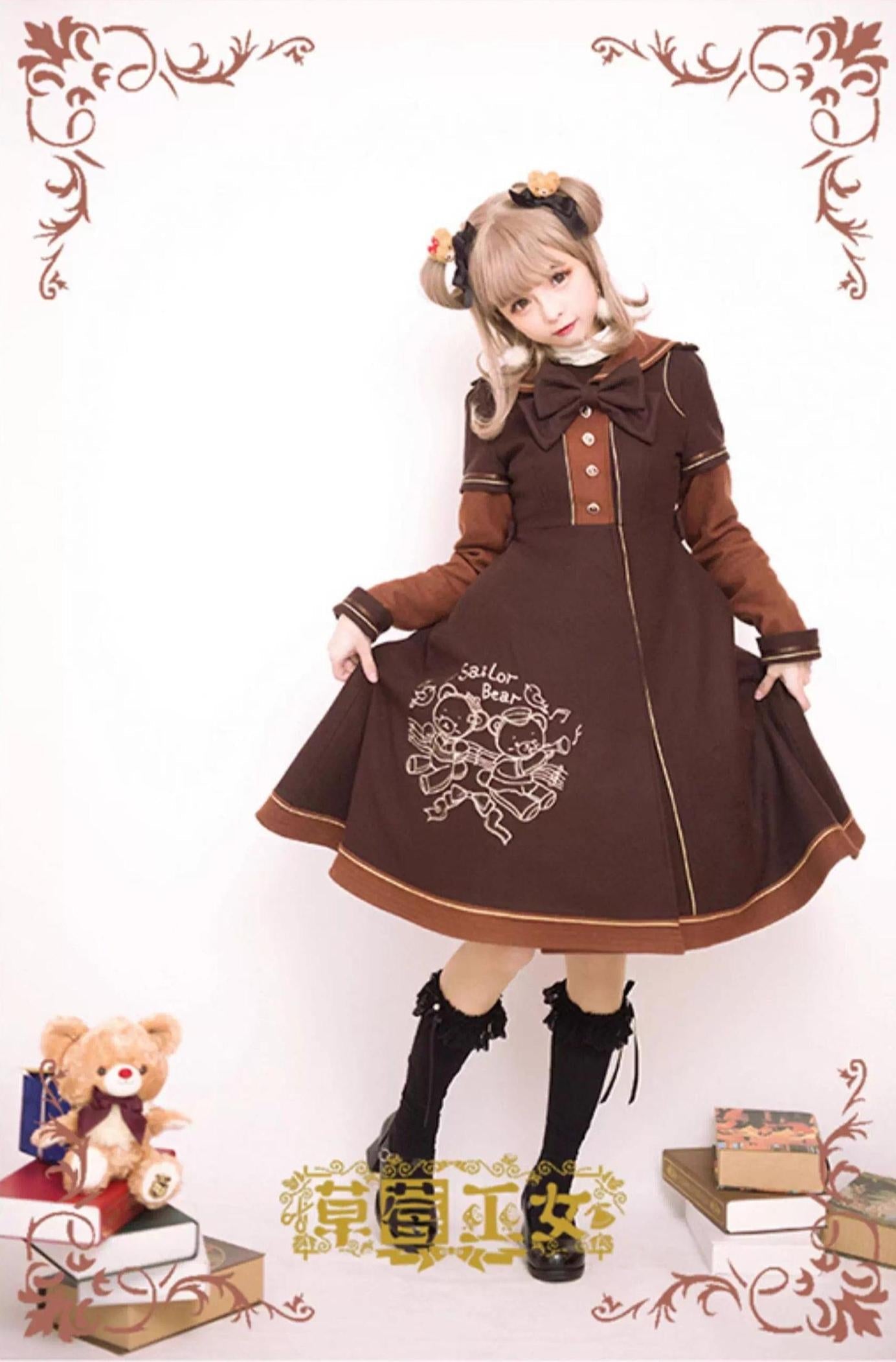 Strawberry Witch - Winter Kawaii Lolita Sailor Collar - Overcoat, Bear Embroidery Outerwear