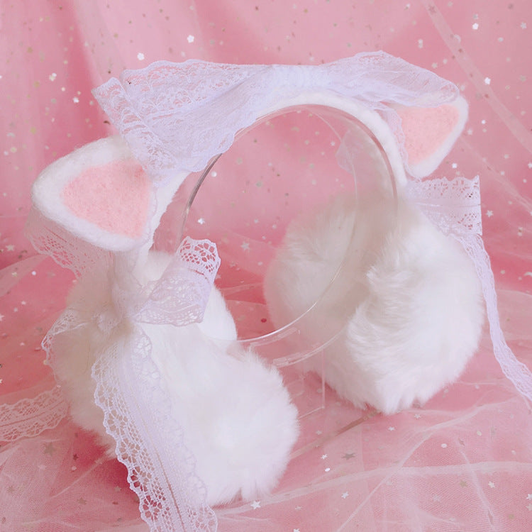 Christmas Warm Winter Lolita Plush Ear Muffs Strawberry Cat Ear Cute Ear Muffs Beautiful Lace Ear Covers - Lolita Fetch