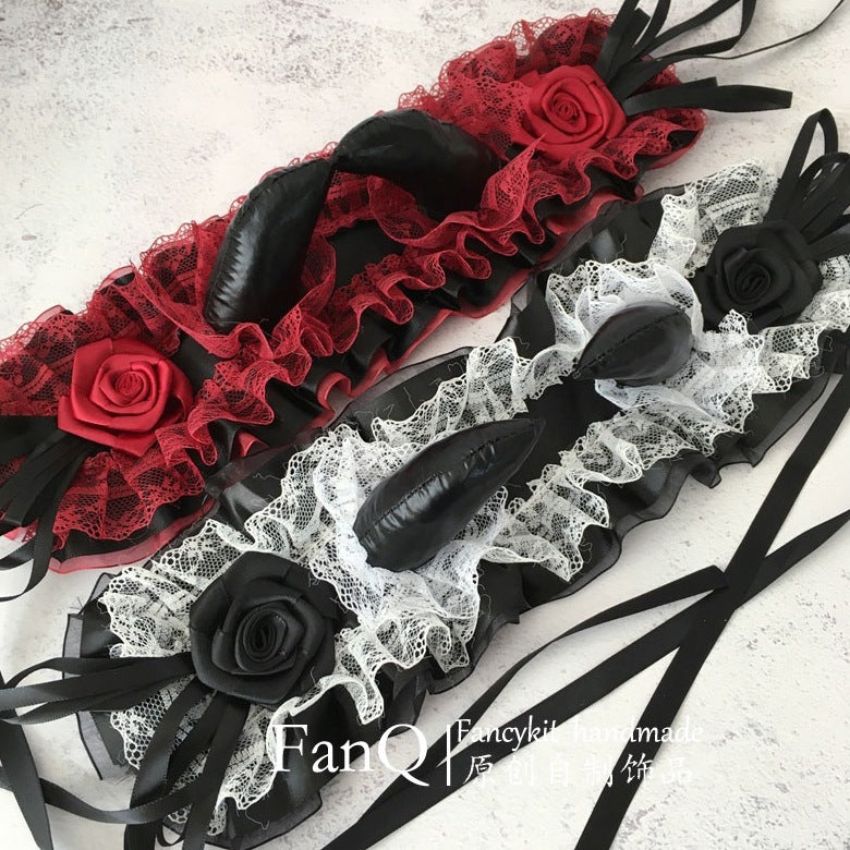 Subculture Custom Dark Lolita Demon Horn Gothic Headband Y2K Red and Black Lace Hairband - Lolita Fetch