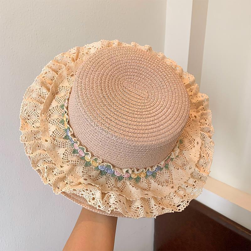 French Lolita Lace Trim Straw Hat for Women Summer Wide Brim Flat Top Sun Hat Beach Sunshade