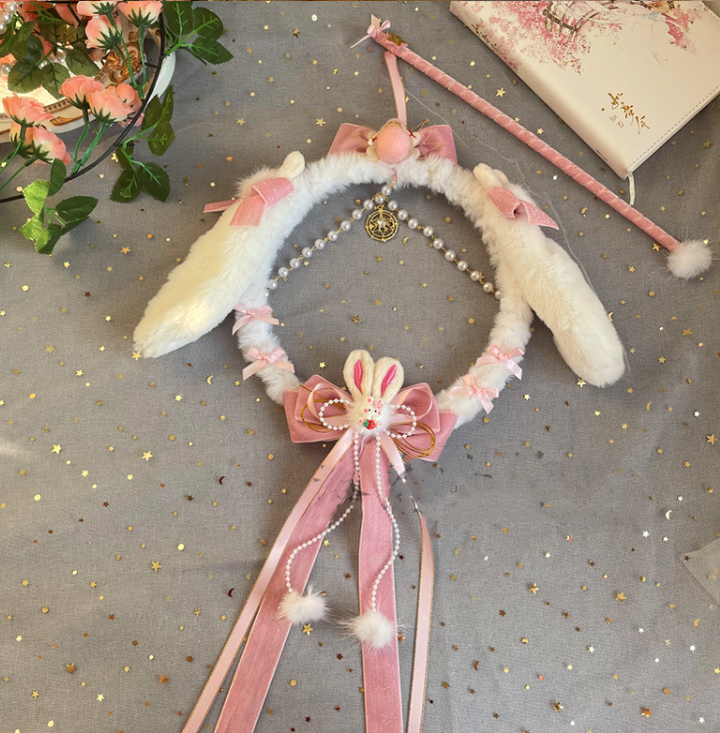 Luoluo Decoration - Han Lolita Rabbit Ears - Light Pink Head Accessory with Bow and Beaded Chain - product detail 3