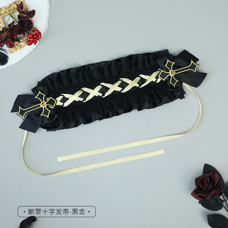 Dark Gothic Lolita Cross Lace Bow Hairband - Comic Con Cos Party Girl Headwear