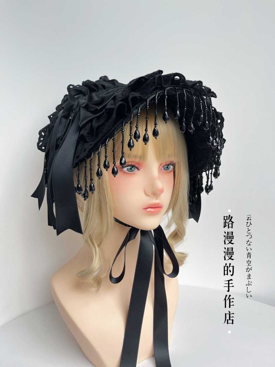 Original Lolita Handmade Gothic Dark Widow Hat Black Pearl Tassel Lace Black Rose Feather Photo Prop