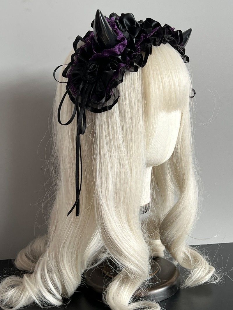 Original Handmade Lolita Multi-color Devil Horn Gothic Headband Multi-layer Lace Trim Hair Accessory