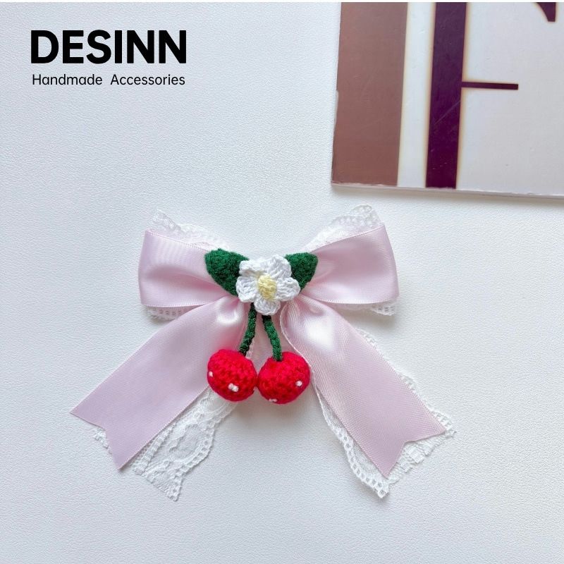 Handmade - Cherry Heart Bow - Lace Brooch - detail view 6