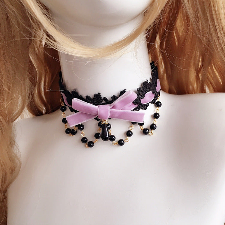 Multicolor Lolita choker necklace with heart pendant, handmade soft girl accessory, short girly jewelry for fashion style
