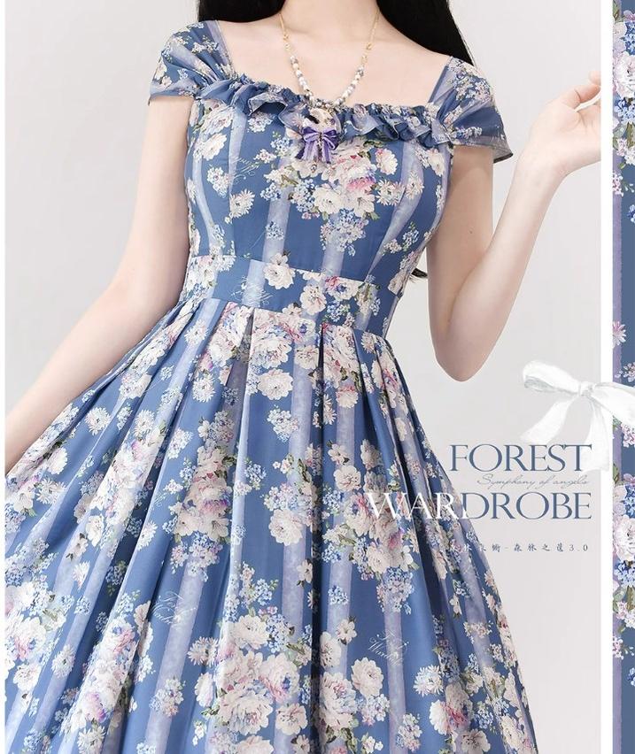 Forest Basket 3.0 - Vintage Lolita JSK Dress for Summer S Blue flower wall