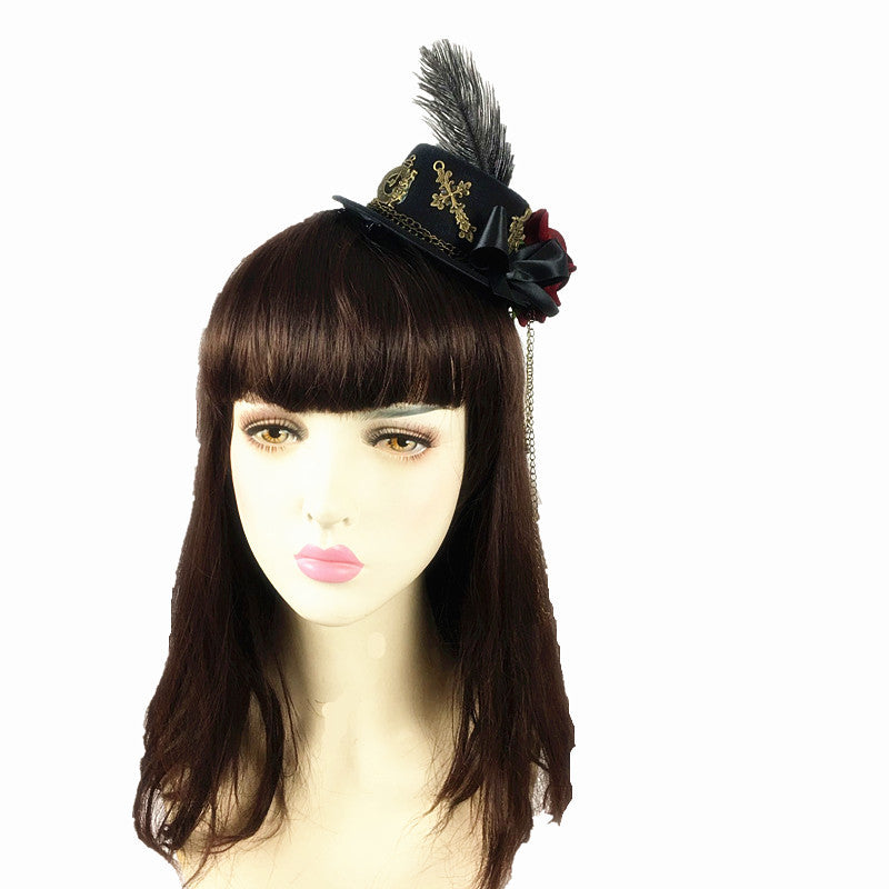 Vintage gothic rose flower rabbit LolitaFetch headdress with small dark lolita hat and hair clip, perfect for vintage photo accessories.