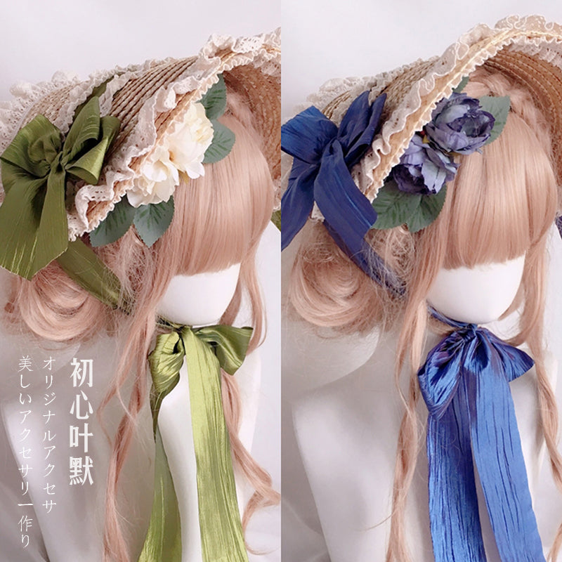 Multicolor Bonnet Straw Hat Flat Hat Lolita Original Handmade Pastoral Style Elegant French BNT Hat - Lolita Fetch