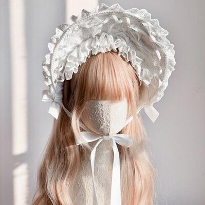 Gothic Lolita Lace Bonnet Wide Brim Bow BNT Headwear Pure White