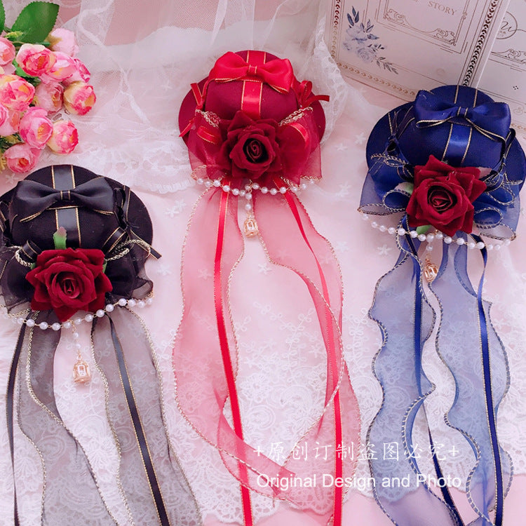 Handmade Gothic Lolita Pill Crown Hat - Cyan & Burgundy Flower Decor V