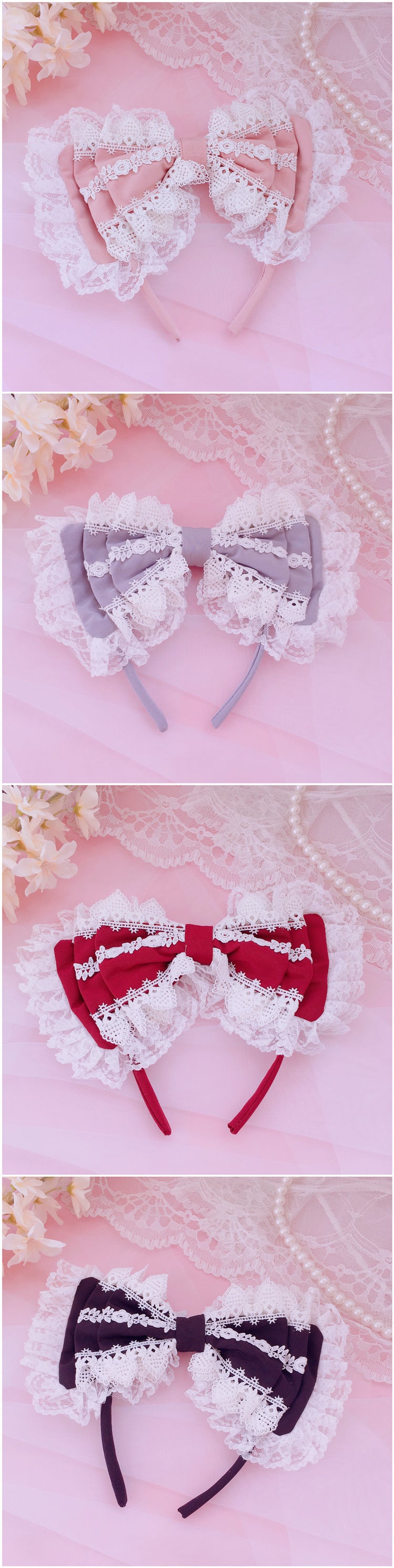 Independent Brand - Gray Three-Layer Lace Bow Headband - Hea