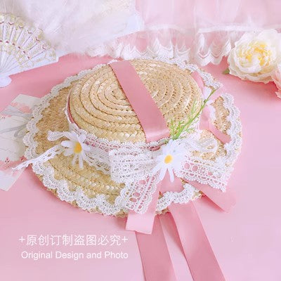 Original Lolita Straw Hat Flower Elegant Flat Hat Top Hat Bridal Tea Party Gorgeous Hat Han Western Eclectic Reminiscence