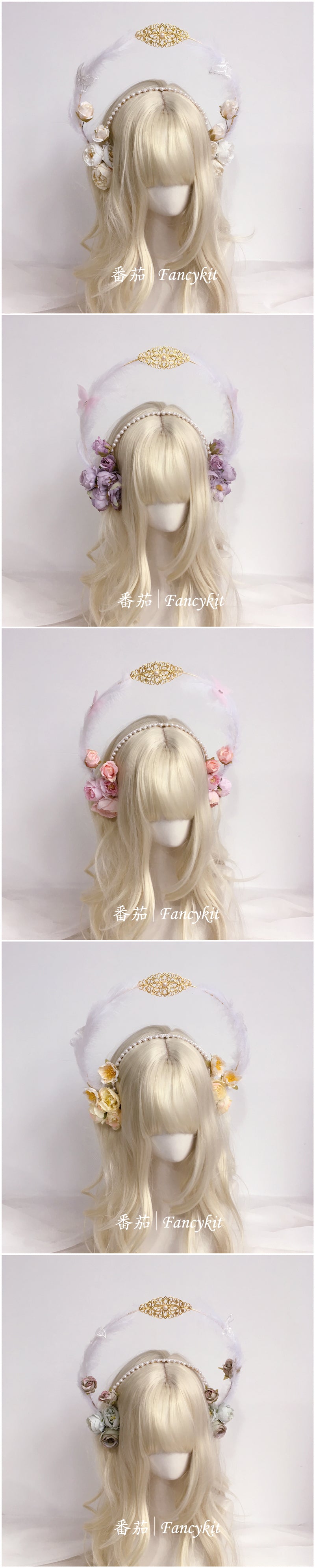 Flower Lolita Virgin Mary double layer halo hair crown headdress with floral design, perfect for Hanfu or Lolita fashion.