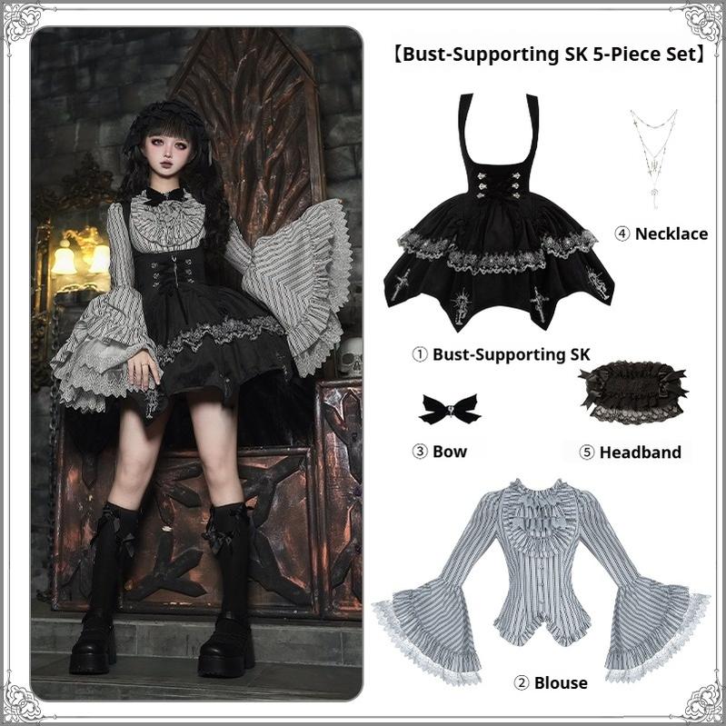 With PUJI - Raven's Night Song - Oriental Aesthetics Gothic Lolita Dress Set Bust-Supporting SK 5-Piece Set S