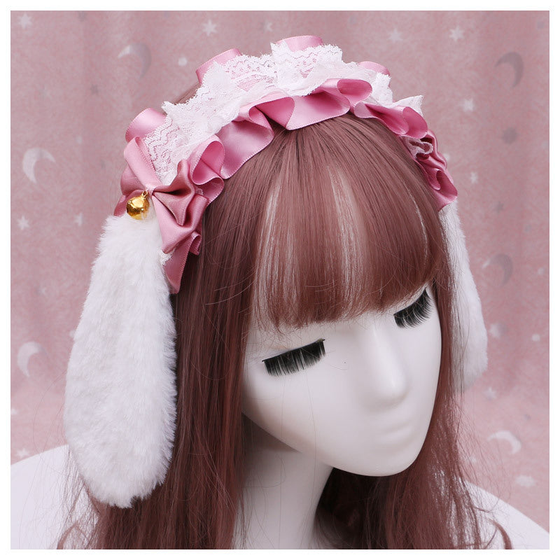 Handmade Lolita Lace Animal Ear Headwear Plush Bunny Ear Hairband Accessories