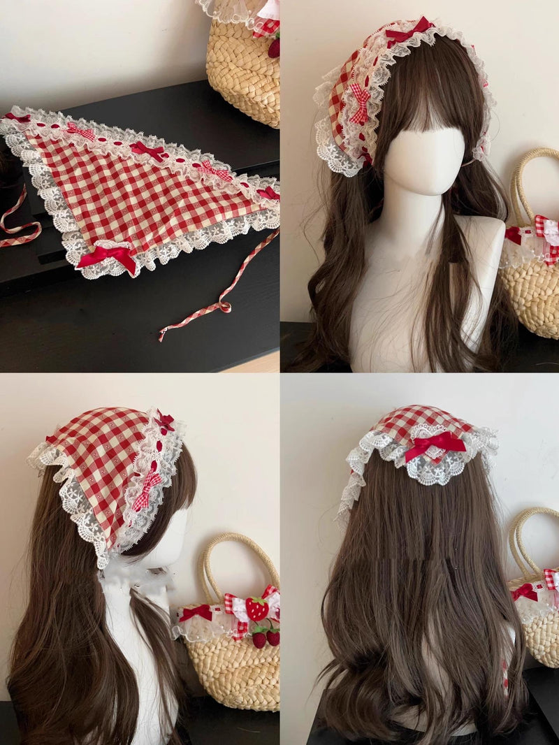Strawberry Tea - Sweet Red Lolita OP Dress Short Sleeve Apron Dress S Red triangular scarf