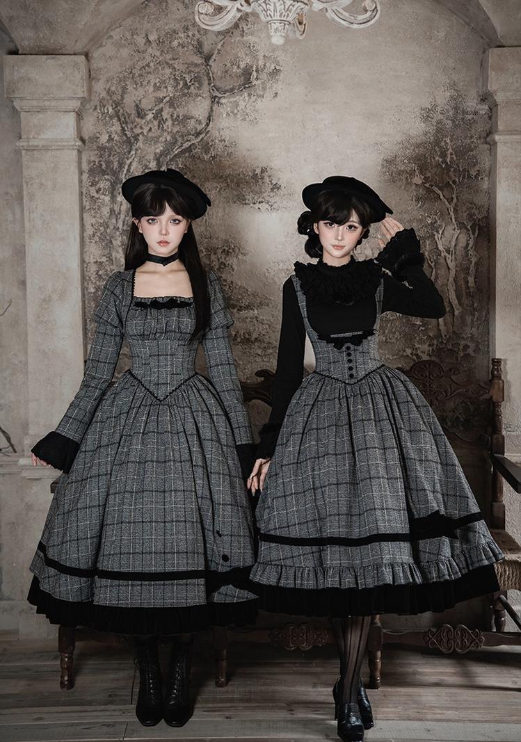 With PUJI - Yesterday's Epistle - Winter Classic Lolita Plaid Dress Set, Fishbone Waist