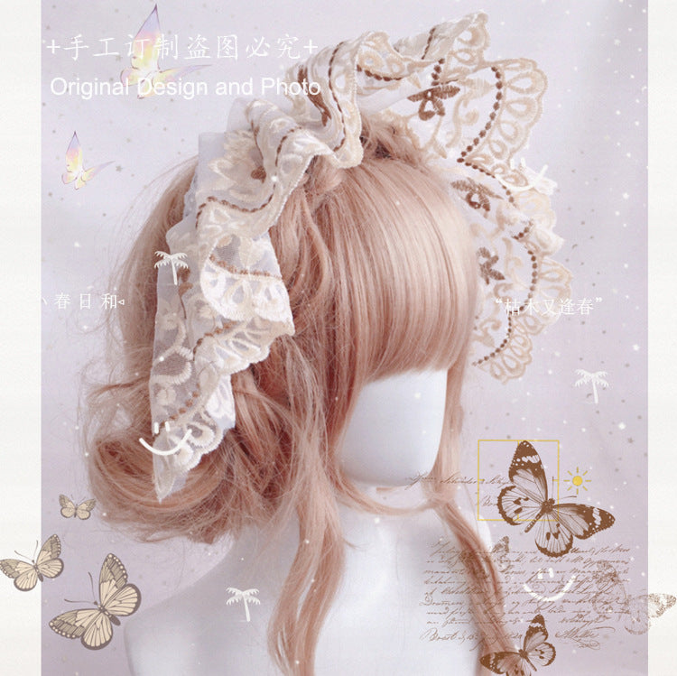 Embroidered Lace French Lolita Bonnet Headband - Vintage Lace Bnt Hat