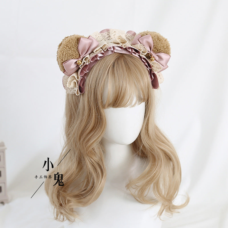 Handmade Lolita Bear Ear Bow Lace Headband, a cute and intricate hair accessory with lace details and bear ear design.