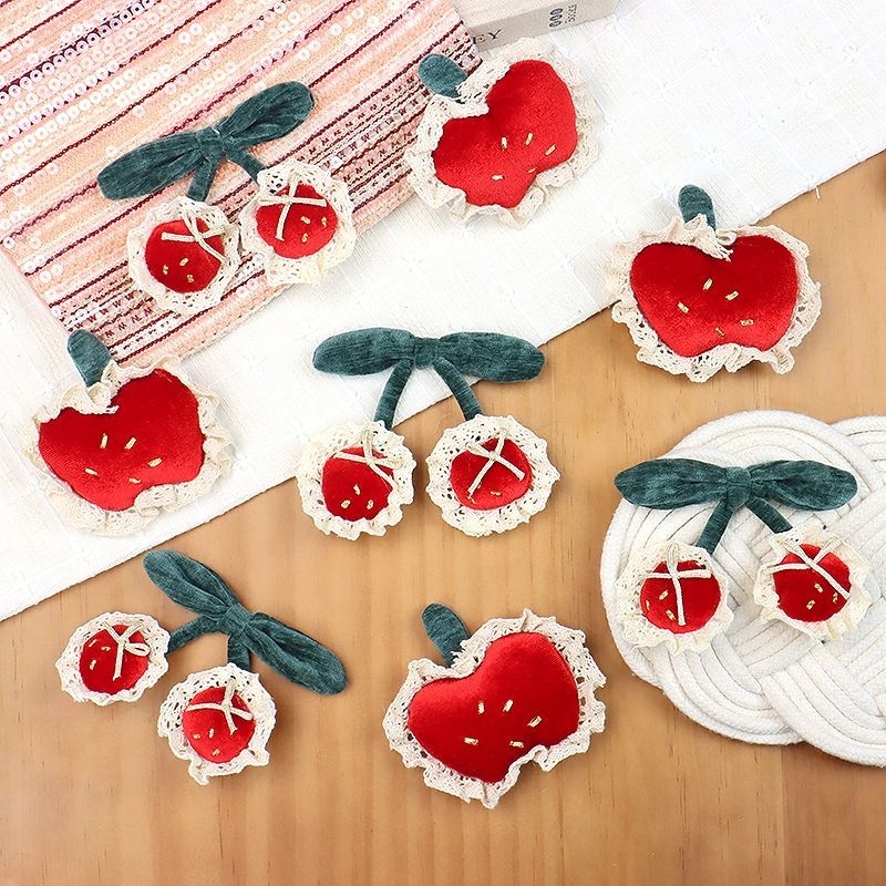 Handmade - Red Velvet Fruit Bow - Cherry and Apple Brooch - detail view 2